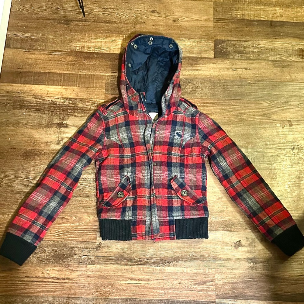 Plaid Hooded Kids Jacket - Red, navy, gray